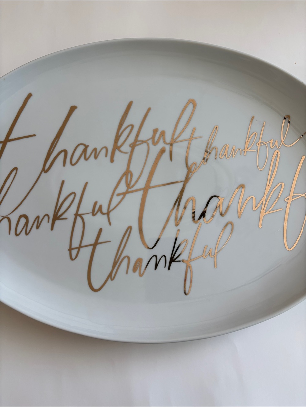 Crate and Barrel Oval Thankful Platter White and Gold 17.75”